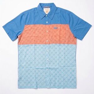 Colorblock Short-Sleeve Button-Down Shirt - Blue & Coral- M